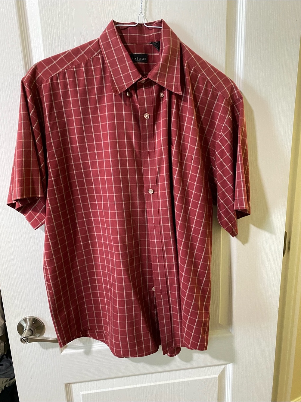 Van Heusen Burgundy Windowpane Short Sleeve Button-Down Shirt
